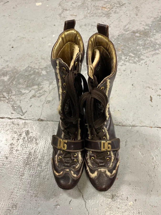 2000s Dolce & Gabbana Brown Fur Ankle Leather Boxing Boots CVsCzxY 4