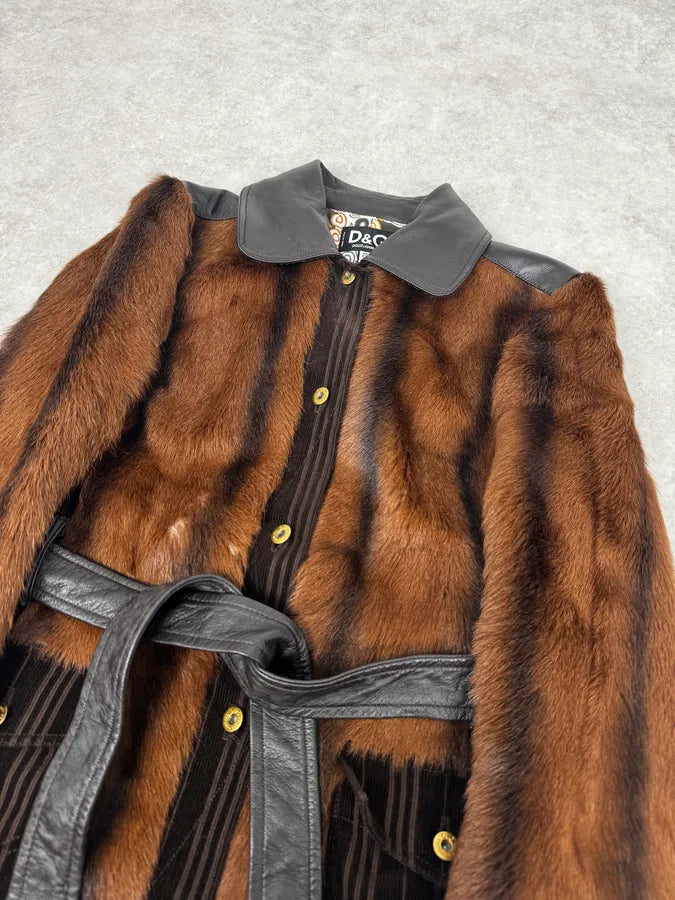 2000s Dolce & Gabbana Brown Fur Leather Trench Coat swJayws 4