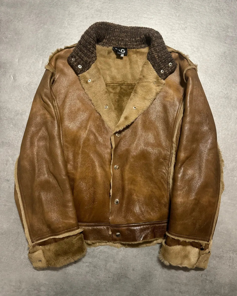 2000s Dolce & Gabbana Brown Fur Premium Leather Jacket (L) 1
