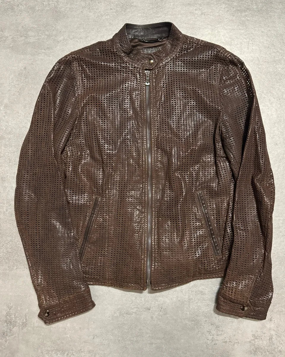 2000s Dolce & Gabbana Brown Lambskin Chequered Leather Jacket kVVJUtB 0