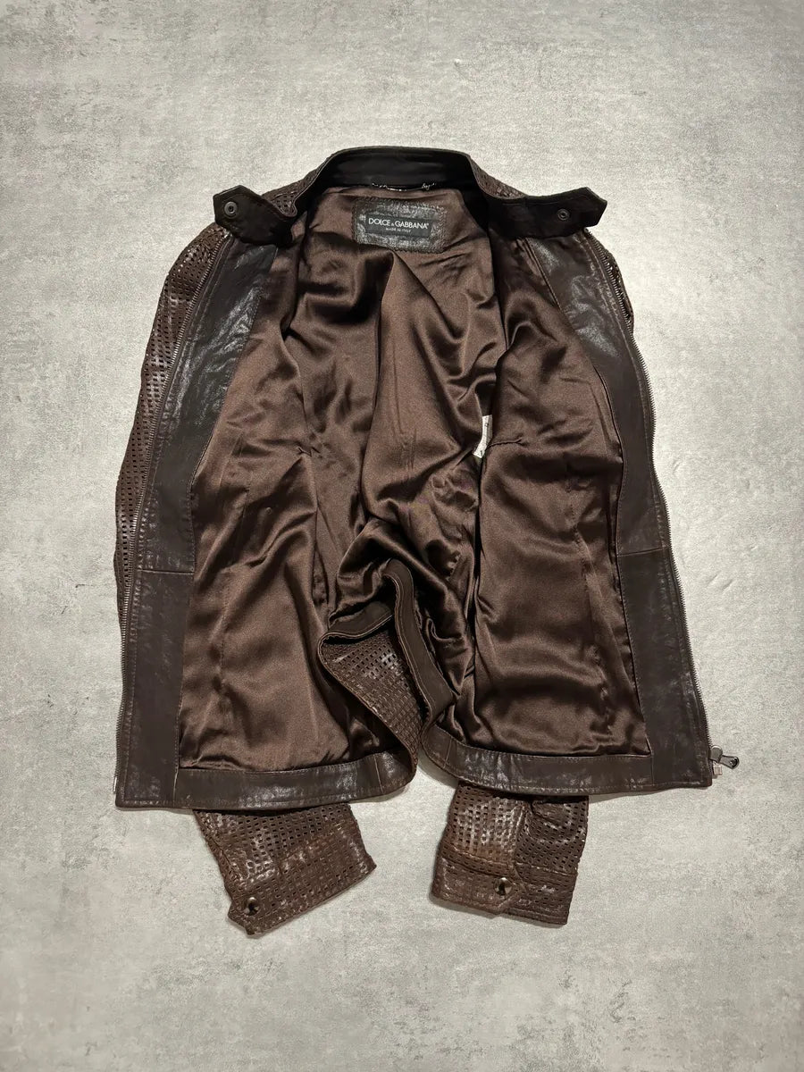 2000s Dolce & Gabbana Brown Lambskin Chequered Leather Jacket kVVJUtB 4