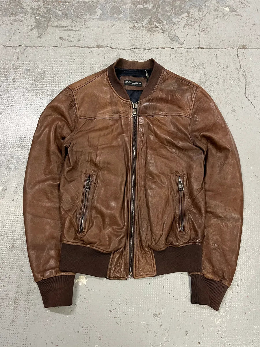 2000s Dolce & Gabbana Brown Leather Bomber Jacket dKeMuIt 0