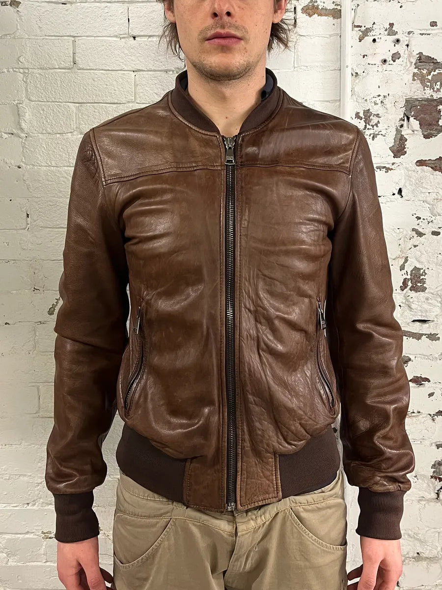 2000s Dolce & Gabbana Brown Leather Bomber Jacket dKeMuIt 1
