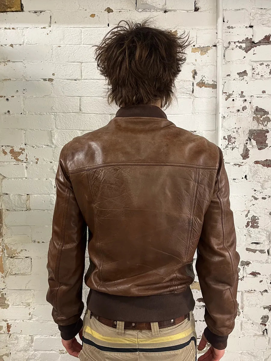 2000s Dolce & Gabbana Brown Leather Bomber Jacket dKeMuIt 2