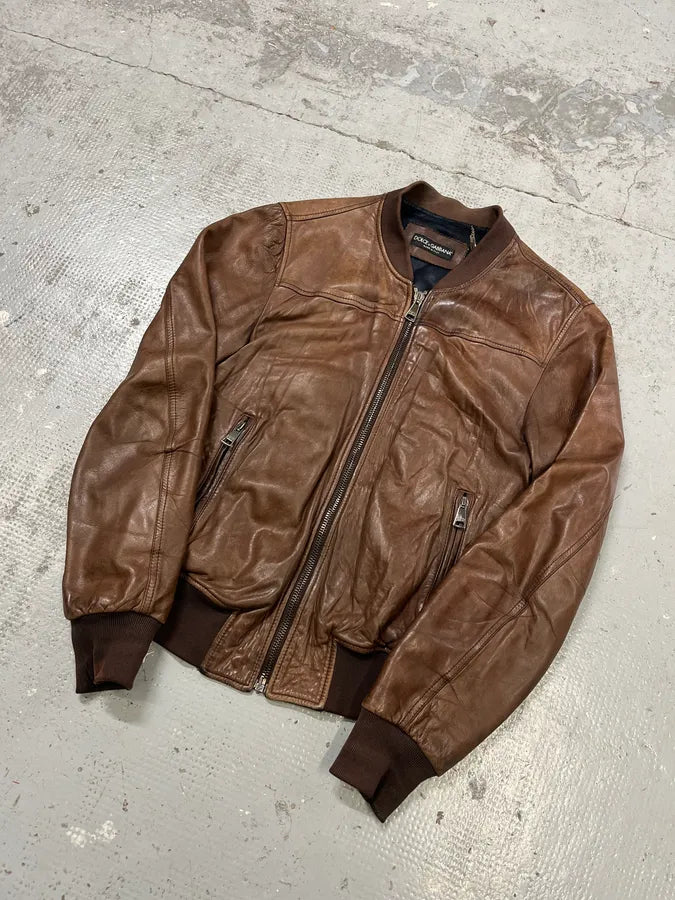 2000s Dolce & Gabbana Brown Leather Bomber Jacket dKeMuIt 3