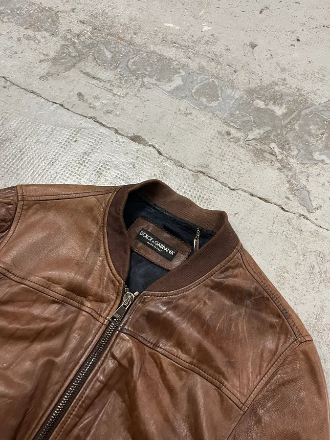 2000s Dolce & Gabbana Brown Leather Bomber Jacket dKeMuIt 4