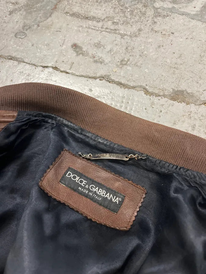 2000s Dolce & Gabbana Brown Leather Bomber Jacket dKeMuIt 8