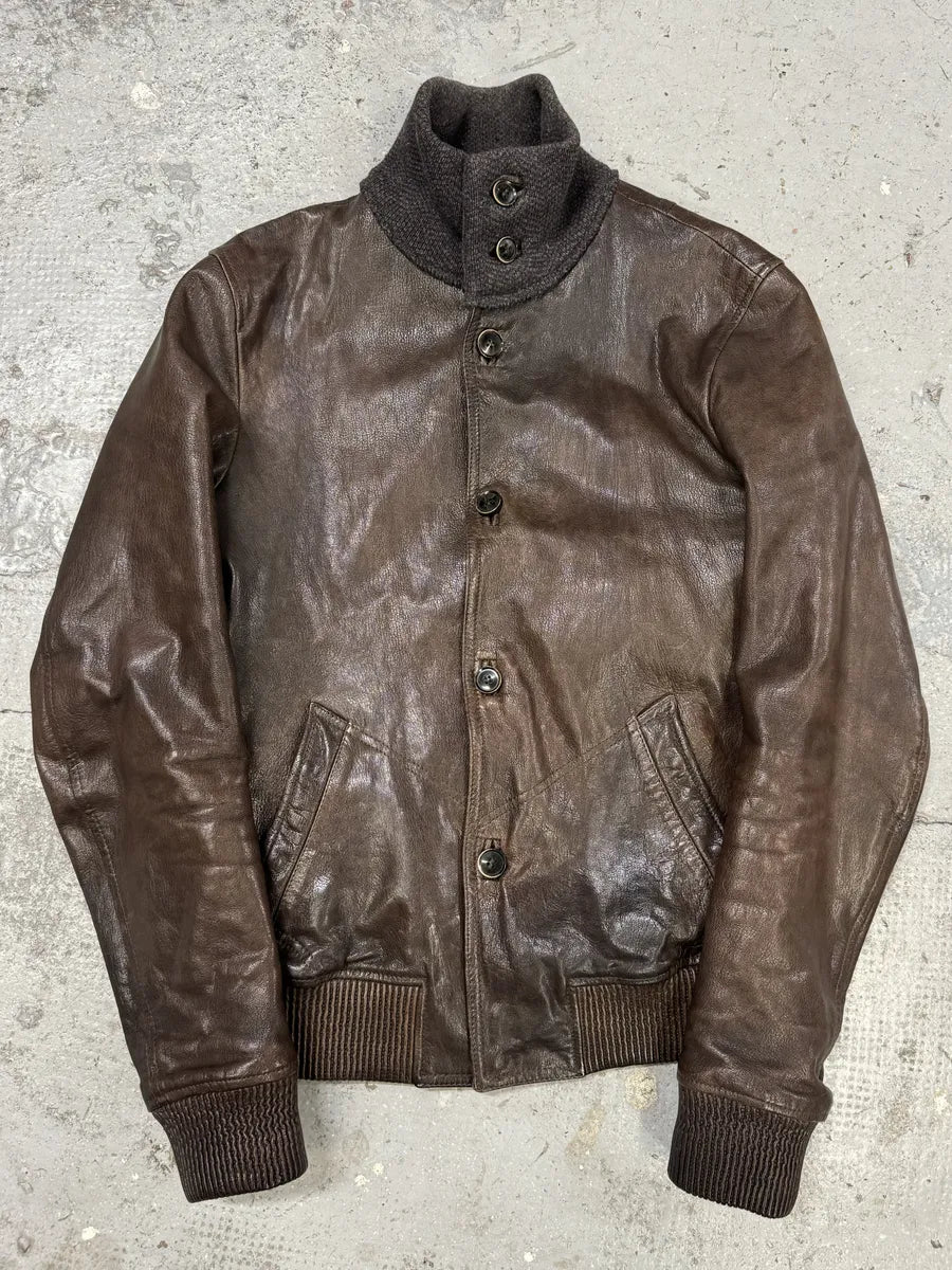 2000s Dolce & Gabbana Brown Leather Buttoned Mafia Jacket htQrtTm 0
