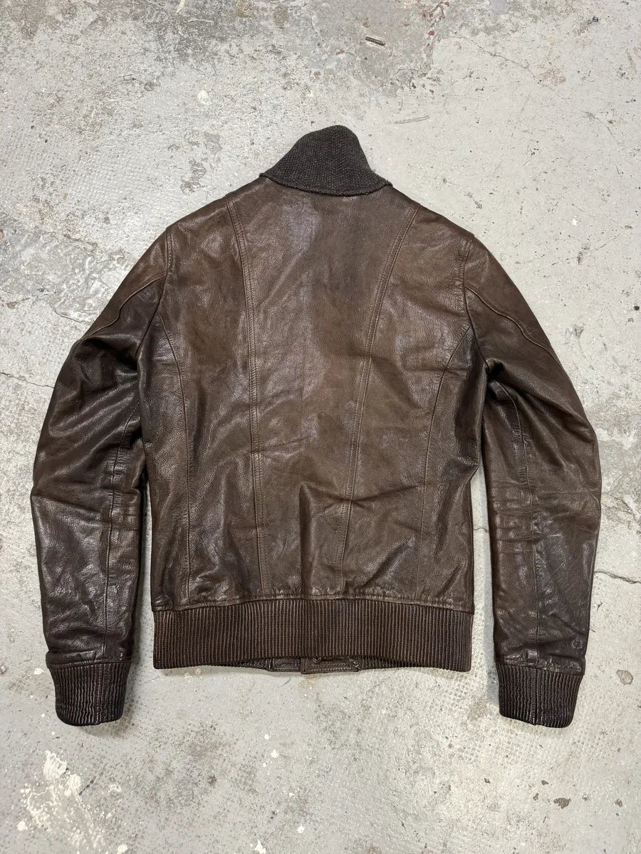 2000s Dolce & Gabbana Brown Leather Buttoned Mafia Jacket htQrtTm 1