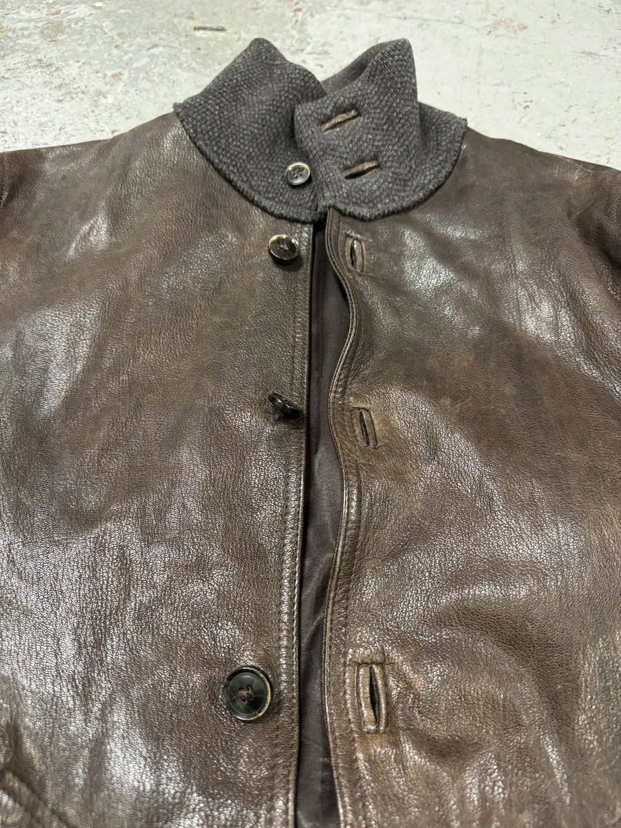 2000s Dolce & Gabbana Brown Leather Buttoned Mafia Jacket htQrtTm 10