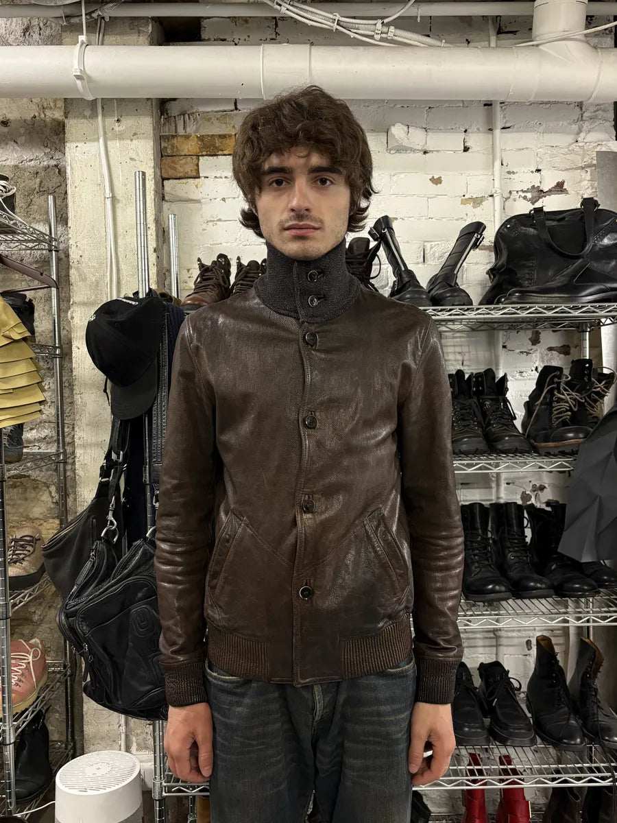 2000s Dolce & Gabbana Brown Leather Buttoned Mafia Jacket htQrtTm 2