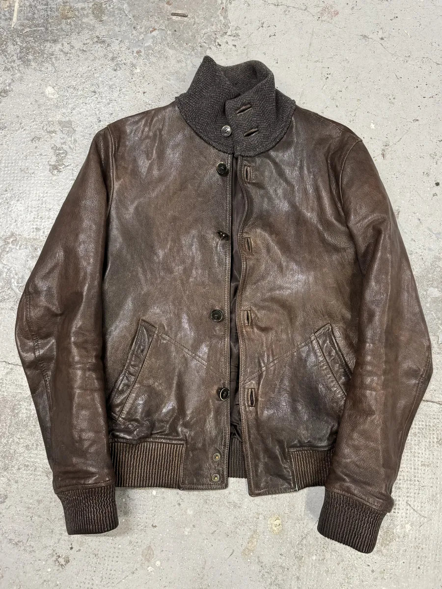 2000s Dolce & Gabbana Brown Leather Buttoned Mafia Jacket htQrtTm 4