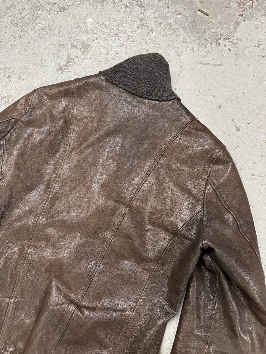 2000s Dolce & Gabbana Brown Leather Buttoned Mafia Jacket htQrtTm 5
