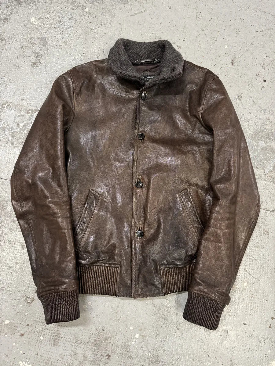 2000s Dolce & Gabbana Brown Leather Buttoned Mafia Jacket htQrtTm 6