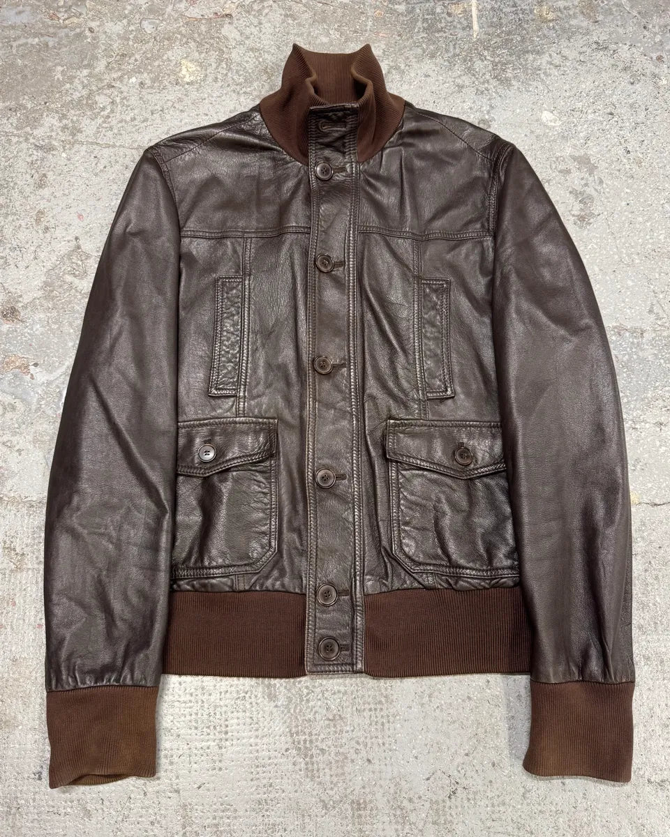 2000s Dolce & Gabbana Brown Leather Buttoned Minimalist Jacket lqzMNot 0