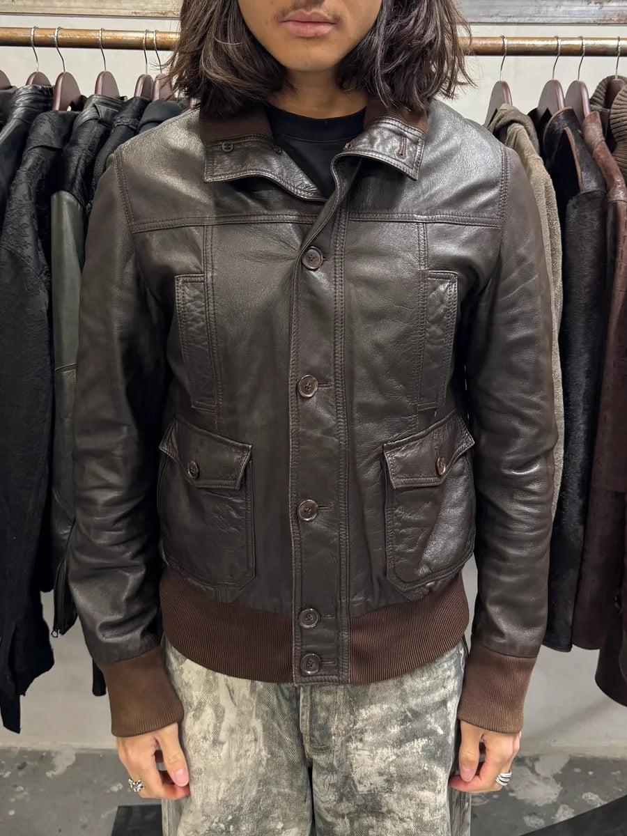 2000s Dolce & Gabbana Brown Leather Buttoned Minimalist Jacket lqzMNot 1