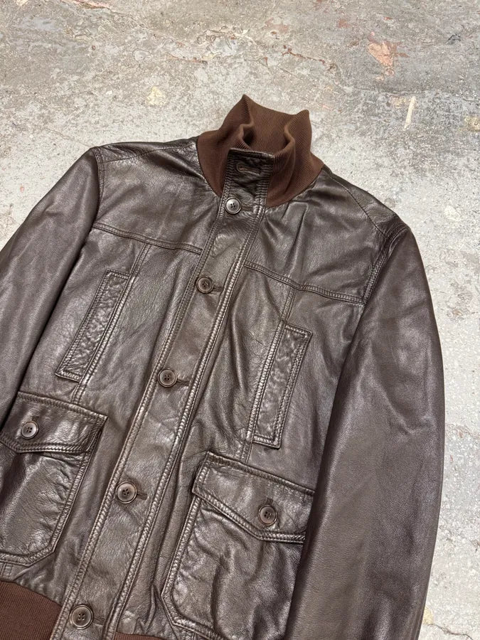 2000s Dolce & Gabbana Brown Leather Buttoned Minimalist Jacket lqzMNot 3