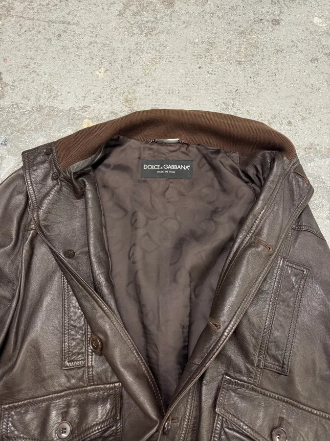2000s Dolce & Gabbana Brown Leather Buttoned Minimalist Jacket lqzMNot 4