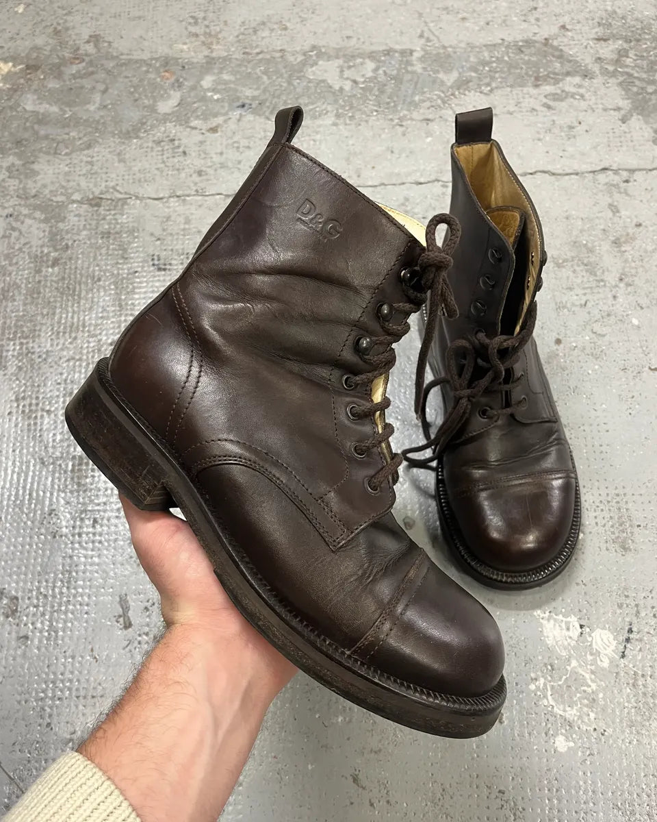 2000s Dolce & Gabbana Brown Leather Combat Boots YJUAfDS 0