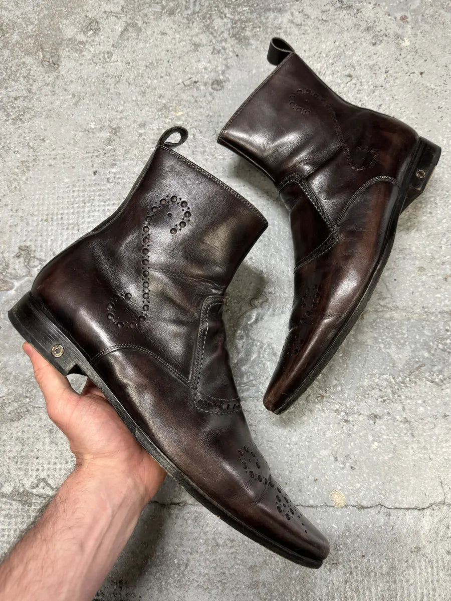 2000s Dolce & Gabbana Brown Leather Holes Boots DCiZNqJ 0