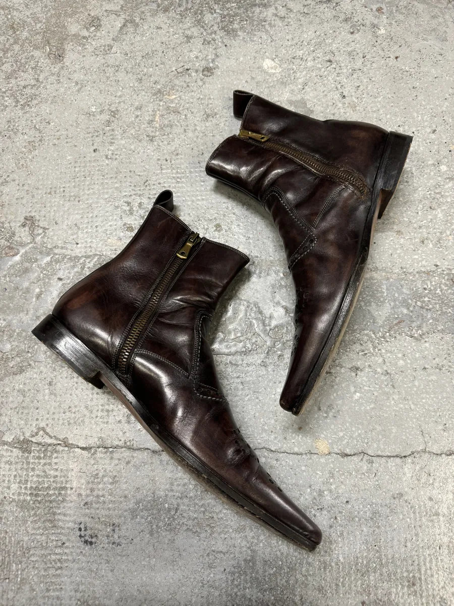 2000s Dolce & Gabbana Brown Leather Holes Boots DCiZNqJ 6