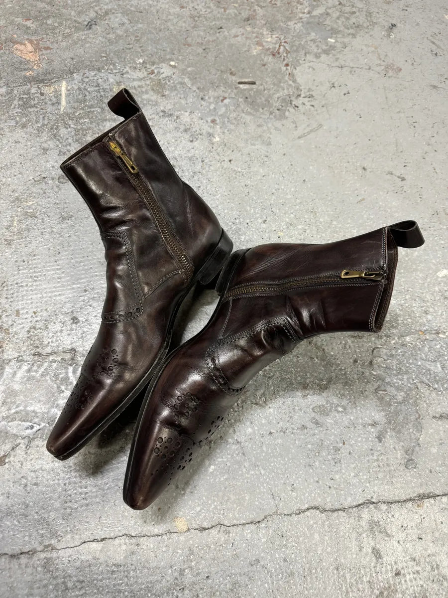 2000s Dolce & Gabbana Brown Leather Holes Boots DCiZNqJ 7