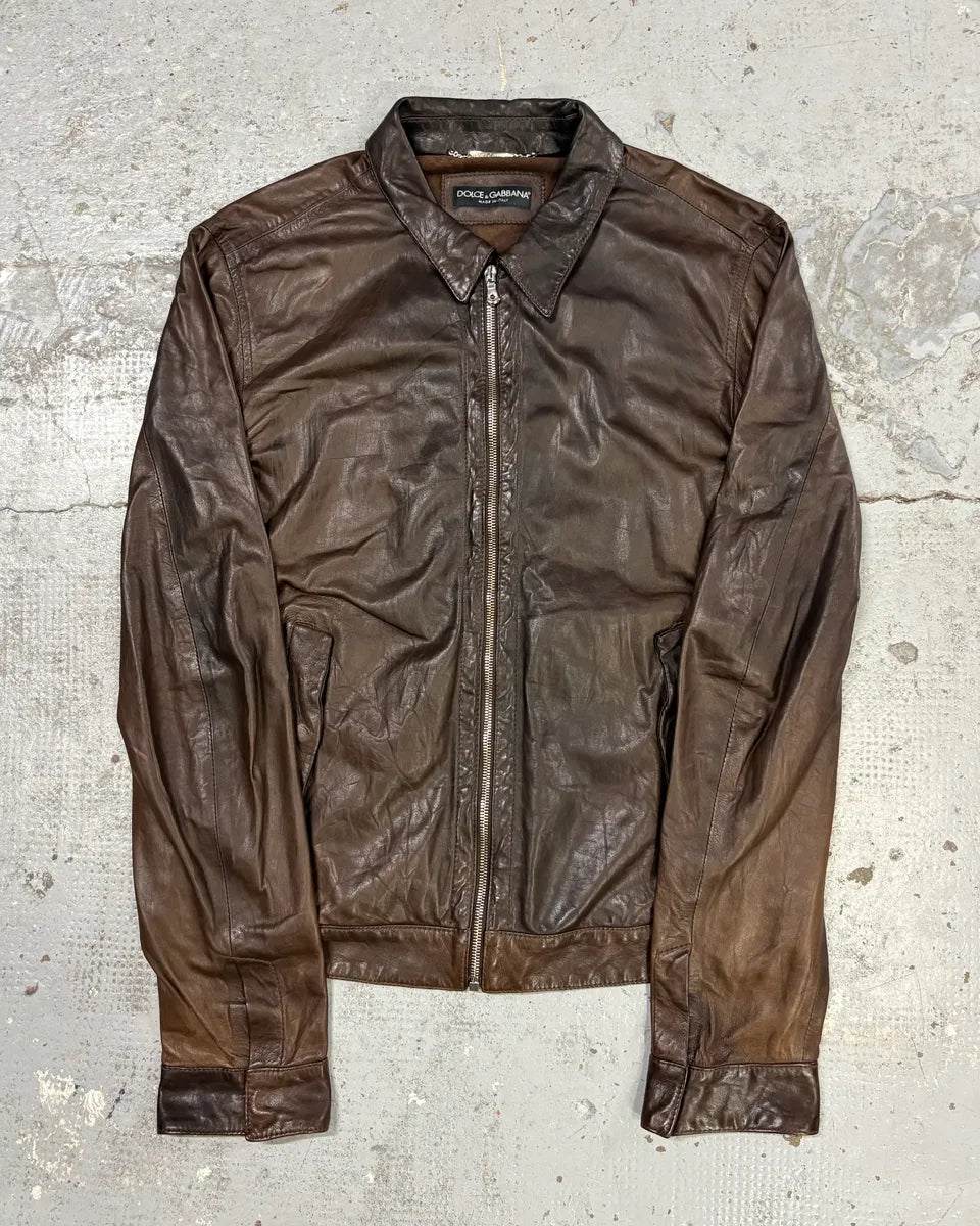2000s Dolce & Gabbana Brown Lamb Leather Jacket MwZRFoV 0