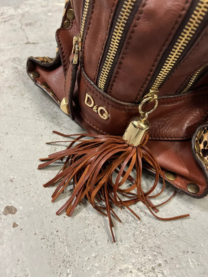 2000s Dolce & Gabbana Brown Leather Leopard Handle Bag gTyiLOq 6