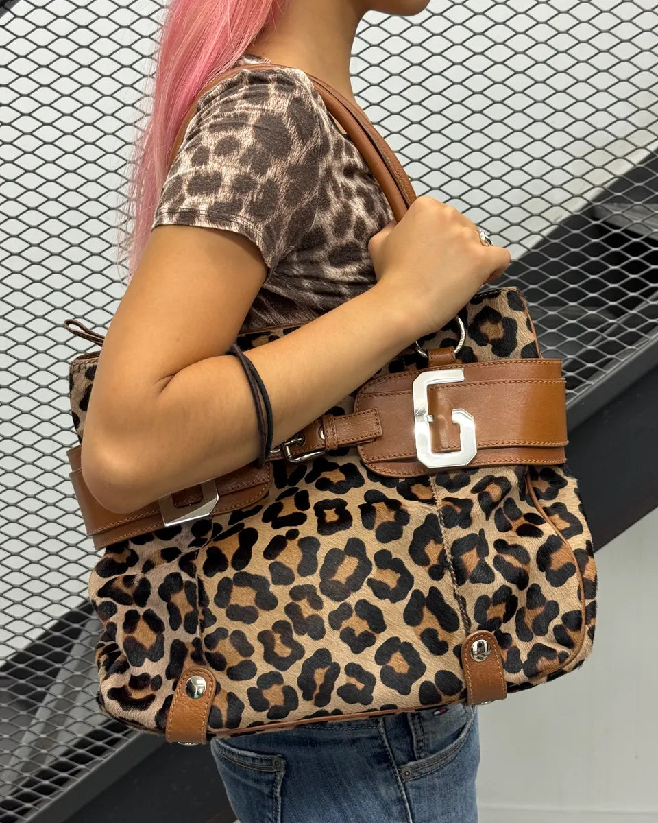 2000s Dolce & Gabbana Brown Leather Leopard Pony Hair Handle Bag DGampkF 1