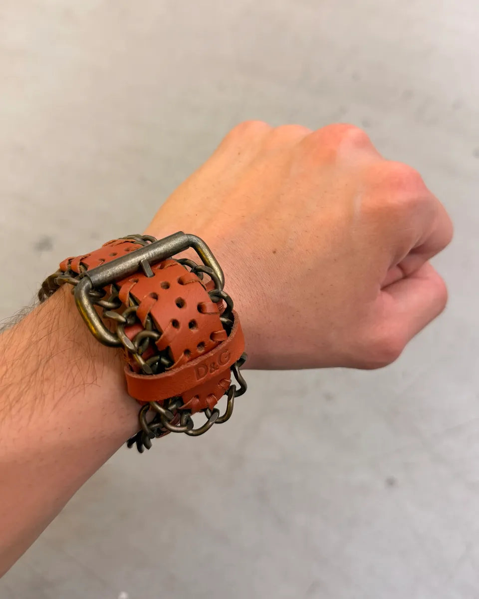 2000s Dolce & Gabbana Brown Leather Metallic Armband CIGNuSp 0