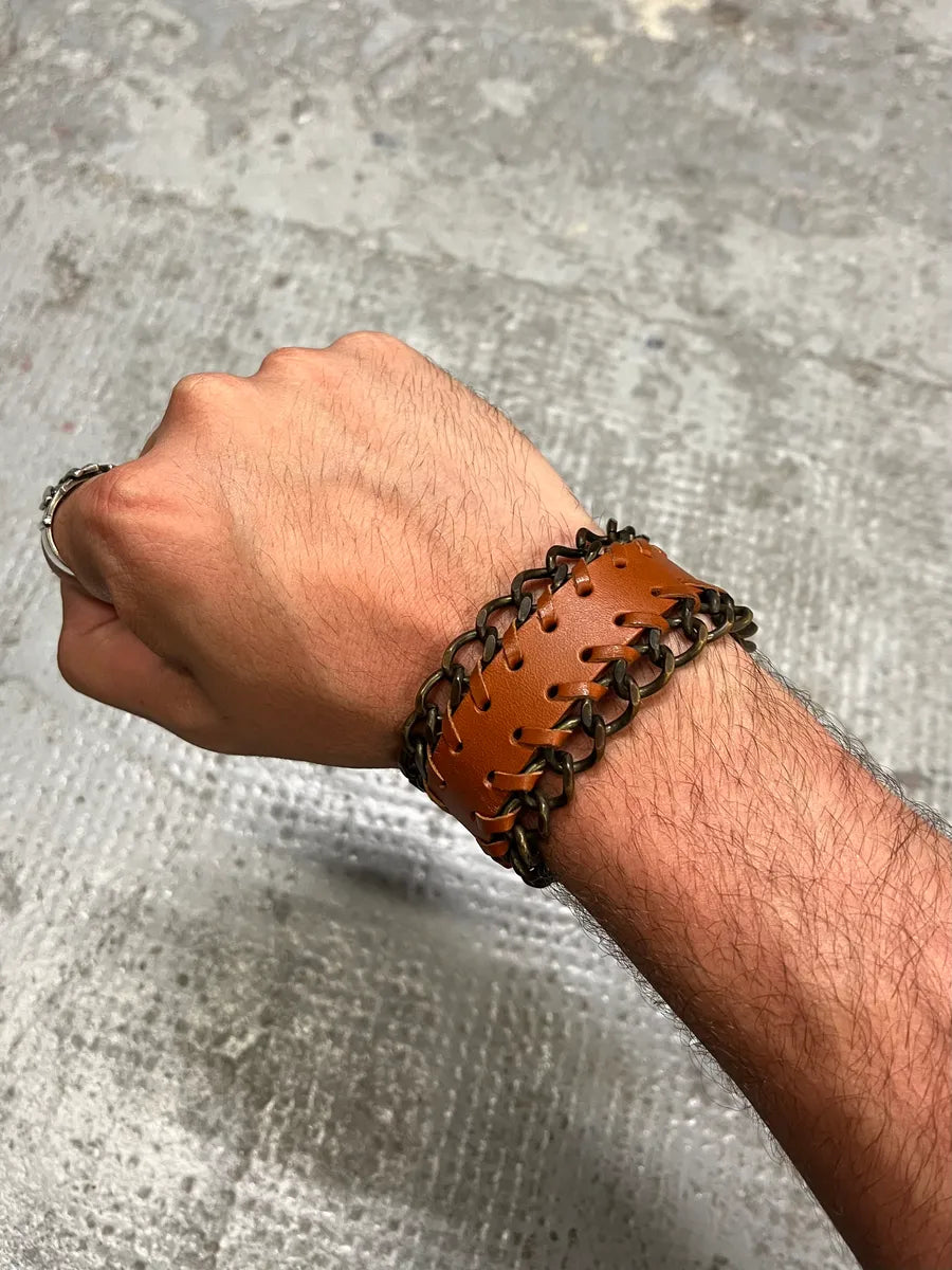 2000s Dolce & Gabbana Brown Leather Metallic Armband nwsfppy 0