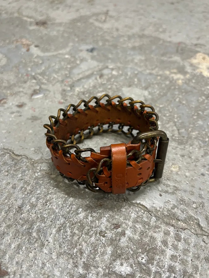 2000s Dolce & Gabbana Brown Leather Metallic Armband nwsfppy 1