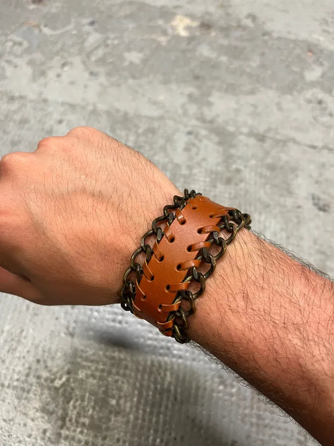 2000s Dolce & Gabbana Brown Leather Metallic Armband nwsfppy 3