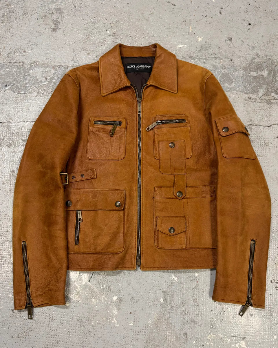 2000s Dolce & Gabbana Brown Multi Pockets Leather Jacket hOqUKBy 0