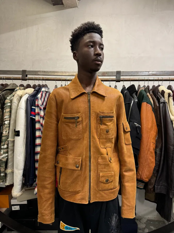 2000s Dolce & Gabbana Brown Multi Pockets Leather Jacket hOqUKBy 1