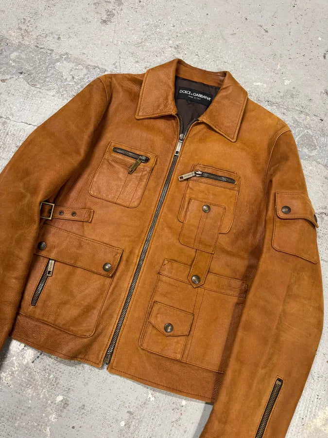 2000s Dolce & Gabbana Brown Multi Pockets Leather Jacket hOqUKBy 3