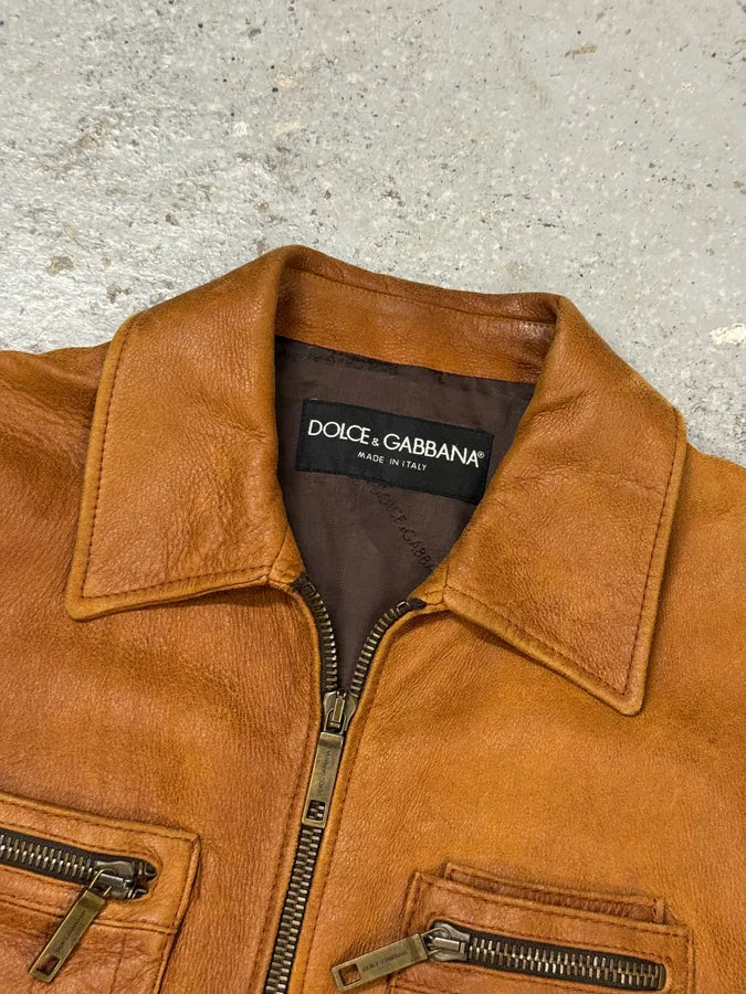 2000s Dolce & Gabbana Brown Multi Pockets Leather Jacket hOqUKBy 4