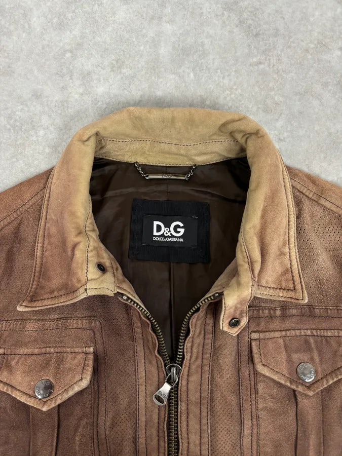 AW2008 Dolce & Gabbana Brown Perfored Aviator Classy Leather Jacket OJjrUiL 4