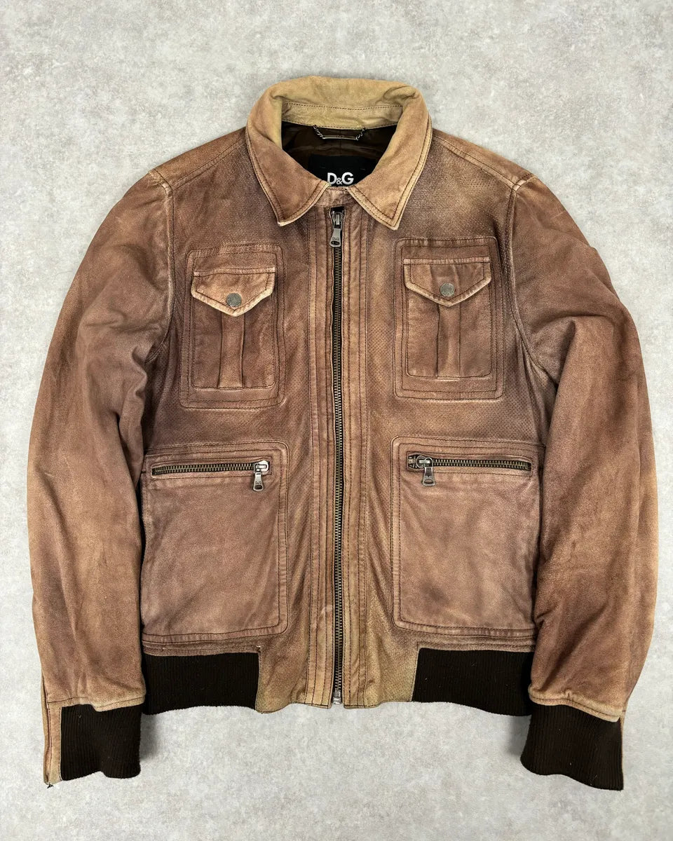 AW2008 Dolce & Gabbana Brown Perfored Aviator Classy Leather Jacket OJjrUiL 0