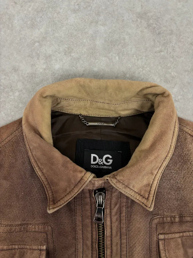 AW2008 Dolce & Gabbana Brown Perfored Aviator Classy Leather Jacket OJjrUiL 3