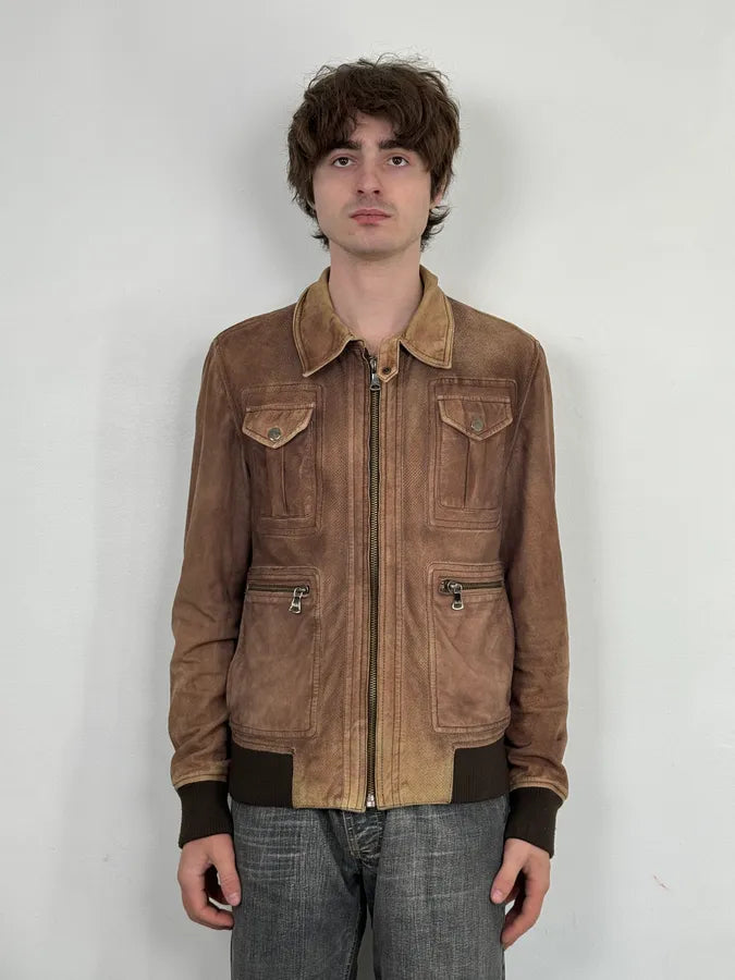AW2008 Dolce & Gabbana Brown Perfored Aviator Classy Leather Jacket OJjrUiL 1