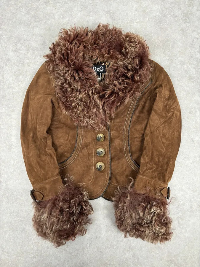AW2005 Dolce & Gabbana Brown Premium Fur Leather Jacket WXLIBpY 0