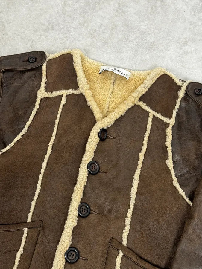 1990s Dolce & Gabbana Brown Shearling & Leather Bomber Jacket NMtFBpJ 4