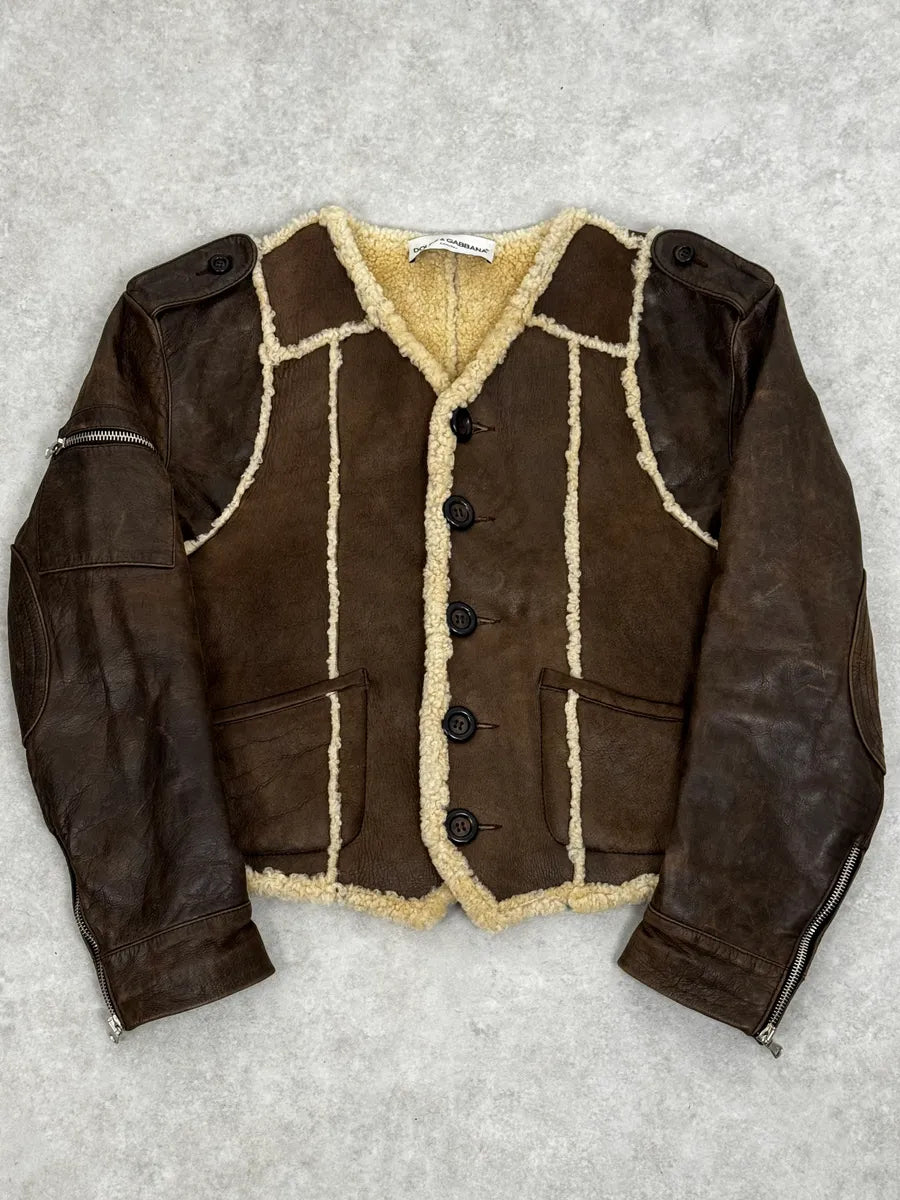1990s Dolce & Gabbana Brown Shearling & Leather Bomber Jacket NMtFBpJ 0