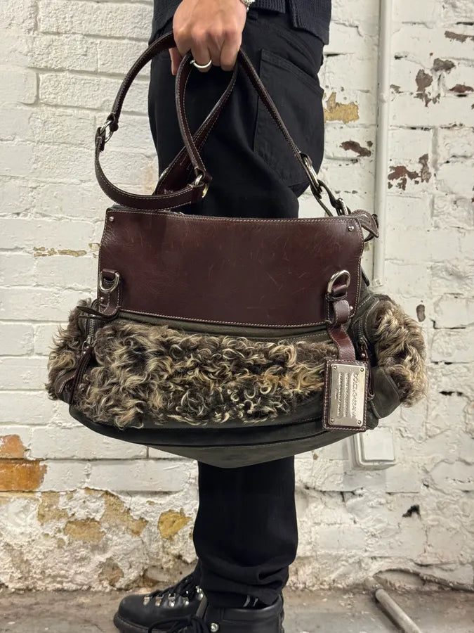2000s Dolce & Gabbana Brown Shearling Leather Shoulder Bag QTLwtKI 2