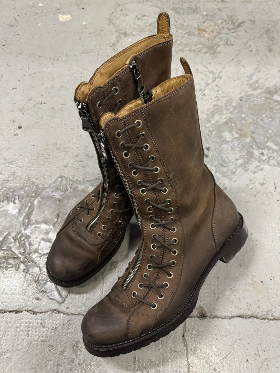 2000s Dolce & Gabbana Laced Multi Zips Eyelet Brown Ankle Boots GdtMcZh 0