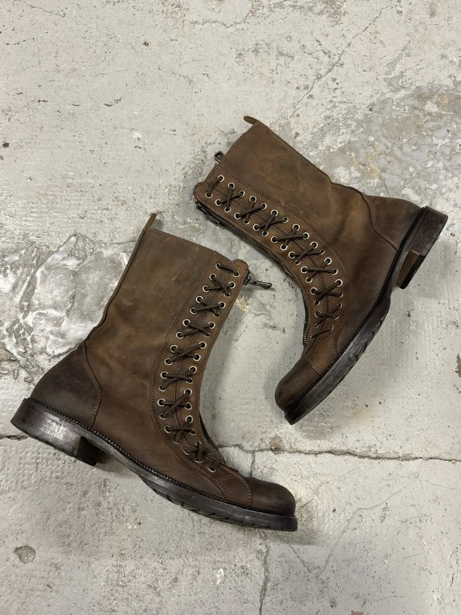 2000s Dolce & Gabbana Laced Multi Zips Eyelet Brown Ankle Boots GdtMcZh 1