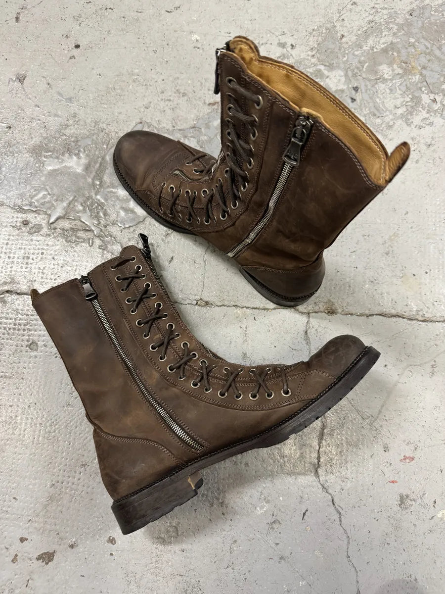 2000s Dolce & Gabbana Laced Multi Zips Eyelet Brown Ankle Boots GdtMcZh 2