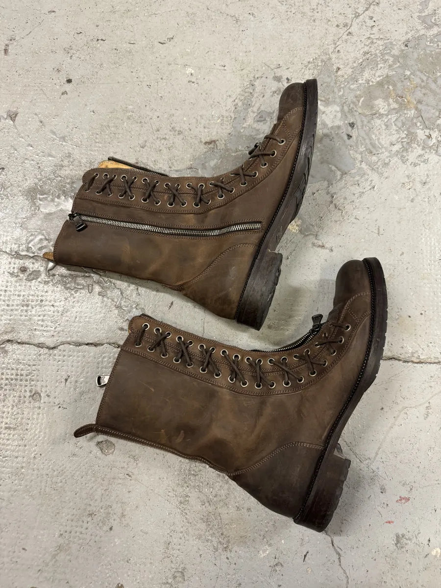 2000s Dolce & Gabbana Laced Multi Zips Eyelet Brown Ankle Boots GdtMcZh 4
