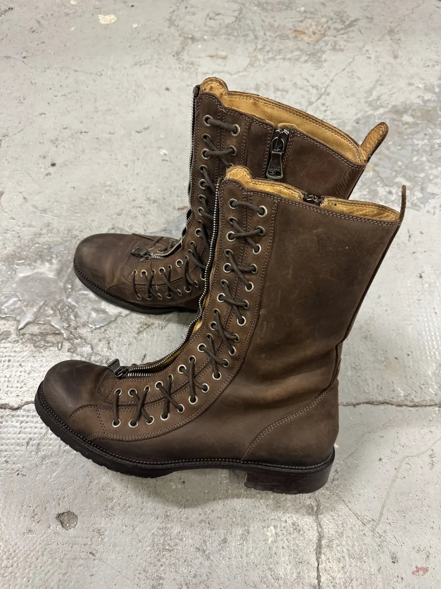 2000s Dolce & Gabbana Laced Multi Zips Eyelet Brown Ankle Boots GdtMcZh 7